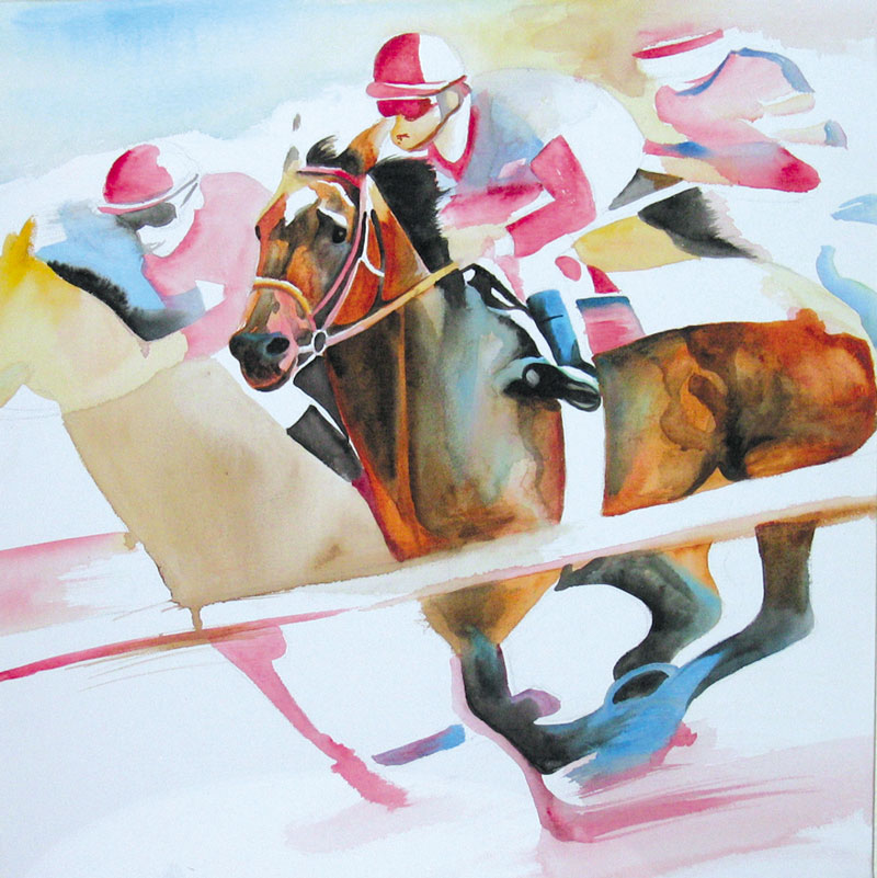 Watercolour picture of a horse race by Lisa Valks